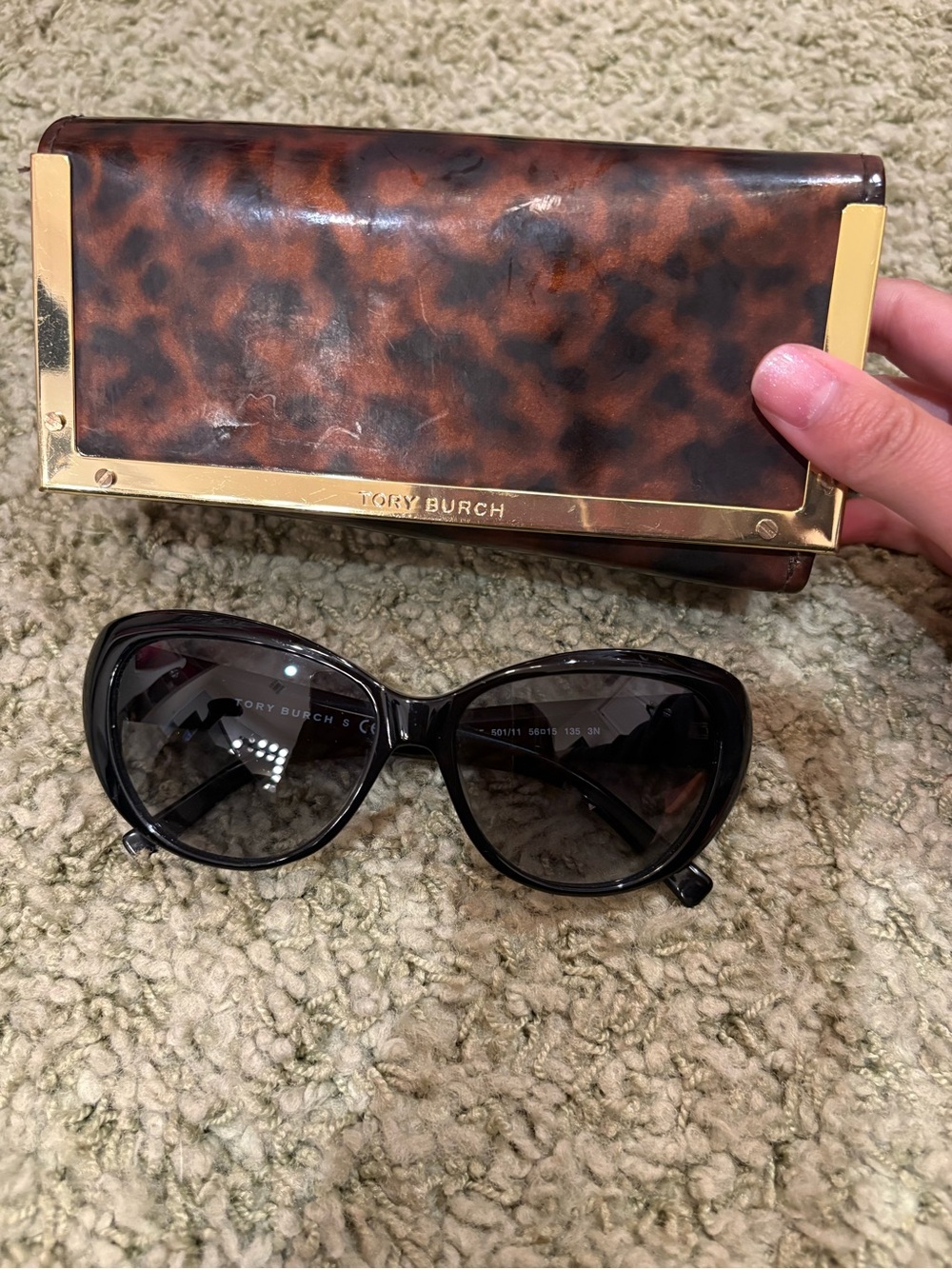 Tory Burch Black Cat-Eye Sunglasses with Tortoise Gold-Trim Case